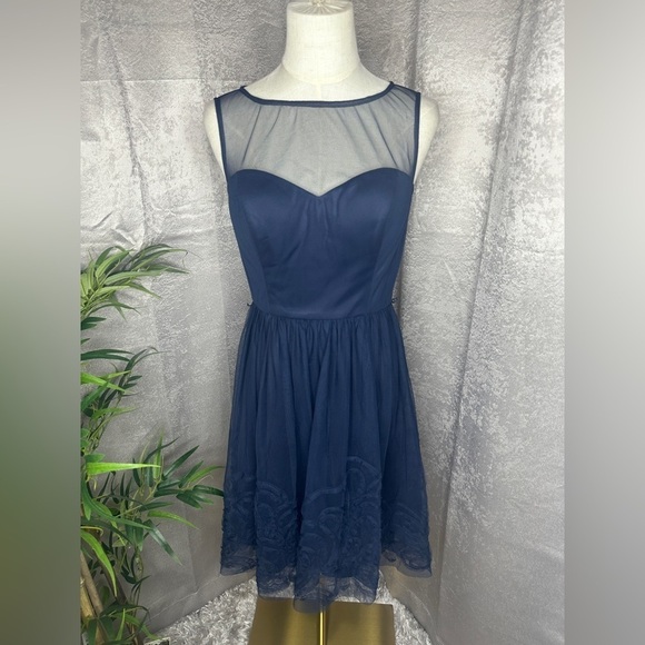 Eliza J Navy Blue Tulle Mesh Overlay Mini Dress Sweetheart Illusion Sz Small - Picture 2 of 13